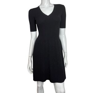 Theory Black Cashmere Mixed Rib V Fit and Flare Short Sleeve Midi Sweater Dress